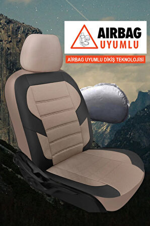 Renault Megane  Uyumlu 5 KOLTUK TAM SET CARUSA SERİSİ TAM SET TAY TÜYÜ OTO KOLTUK KILIFI BEJ-SİYAH