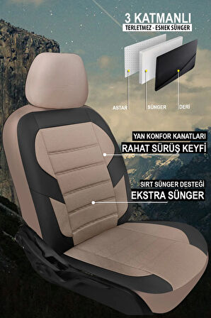 Smart Forfour  Uyumlu 5 KOLTUK TAM SET CARUSA SERİSİ TAM SET TAY TÜYÜ OTO KOLTUK KILIFI BEJ-SİYAH