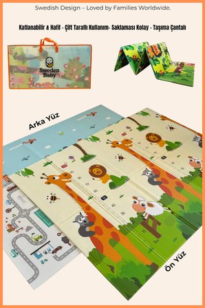 safari walk çift taraflı katlanabilir oyun halısı ve matı premium seri – taşıma çantalı