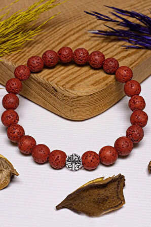 Sertifikalı Kırmızı Volkanik Lav Taşı Bileklik - Gümüş Aparatlı