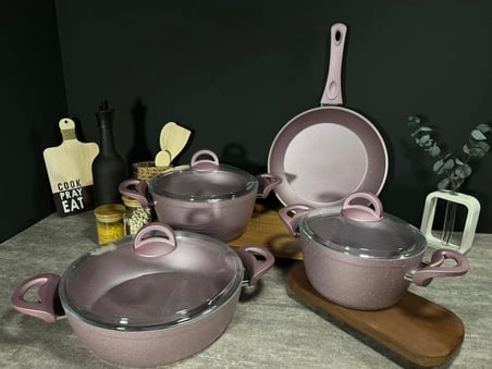 BENA LİFE 7 Parça Yanmaz Yapışmaz Granit Tencere Seti Lila
