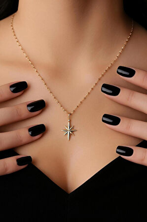 Gökyüzünün Işıltısı: Aynalı Zincirli 14 Ayar Altın Kuzey Yıldızı Kolye