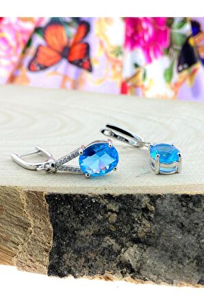 Aquamarin Taşlı yuvarlak Model Zirkon Gümüş Küpe