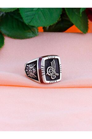 Sancak & Kartal İşlemeli Akik Taşlı Erkek Gümüş Yüzük