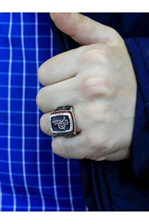 Sancak & Kartal İşlemeli Akik Taşlı Erkek Gümüş Yüzük