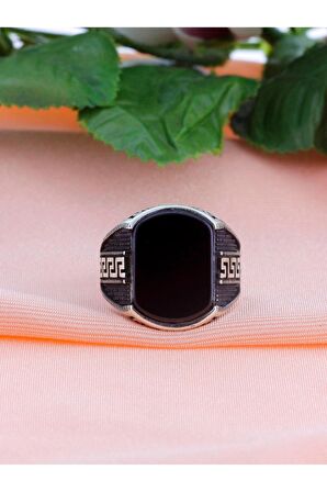 Babil İşleme Oniks Taşlı Erkek Gümüş Yüzük