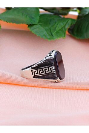 Babil İşleme Oniks Taşlı Erkek Gümüş Yüzük