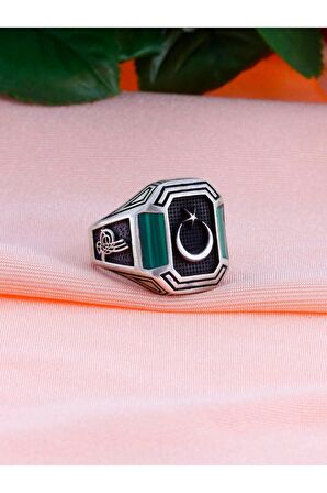 Zincir İşleme Oniks Taşlı Erkek Gümüş Yüzük 