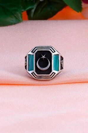 Zincir İşleme Oniks Taşlı Erkek Gümüş Yüzük 