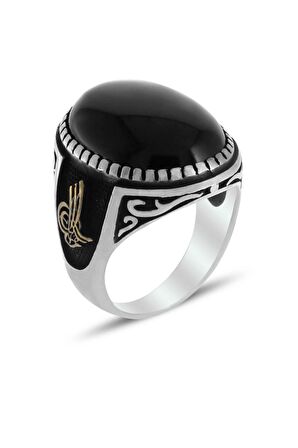 Tuğra İşleme Oniks Taşlı Erkek Gümüş Yüzük