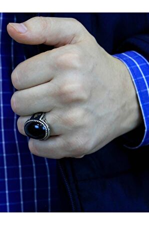 Tuğra İşleme Oniks Taşlı Erkek Gümüş Yüzük