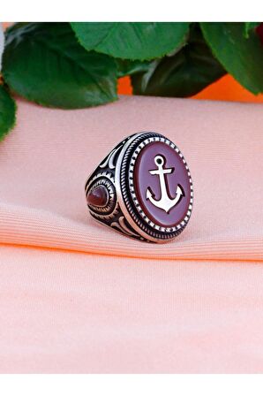 Ayyıldız İşlemeli Kırmızı Mineli Erkek Gümüş Yüzük