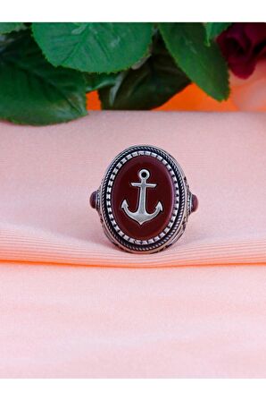 Ayyıldız İşlemeli Kırmızı Mineli Erkek Gümüş Yüzük