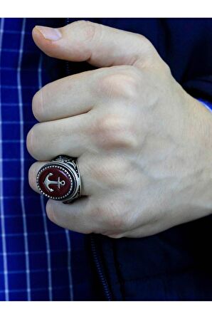 Ayyıldız İşlemeli Kırmızı Mineli Erkek Gümüş Yüzük