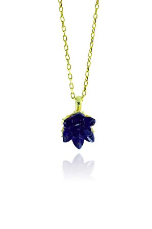 Lotus Model Safir Taşlı Altın Rengi Gümüş Kolye 