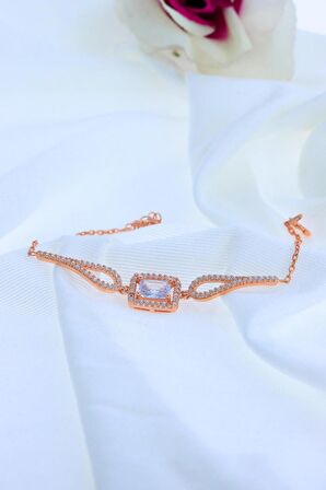 Dikdörtgen Model Baget Zirkon Taşlı Rose Rengi Gümüş Bileklik