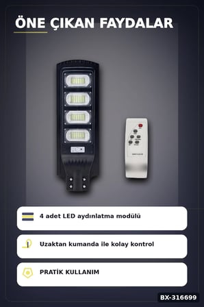 Solar Sokak Armatürü 400W 32000 Lümen Güneş Enerjili Dış Mekan Lambası Kumandalı 1 Adet BX-316699