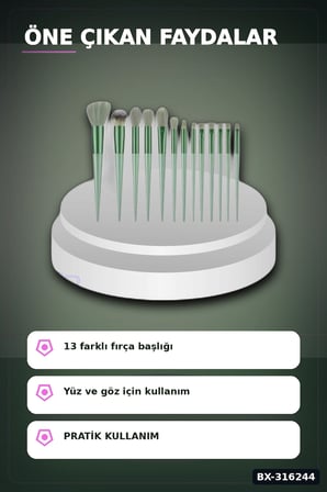 Makyaj Fırça Seti 13 Parça - Ergonomik Saplı Taşınabilir Pudra Fırçası BX-316244