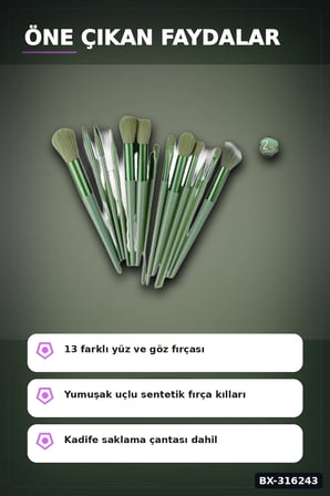 Makyaj Fırça Seti 13 Parça - Yumuşak Sentetik Kıllı Yüz ve Göz Fırçaları BX-316243
