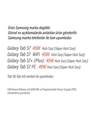 Samsung Galaxy Tab S7 / Fe / Plus / 5G / Wifi ile Uyumlu Şarj Aleti 45W Süper Hızlı Şarj