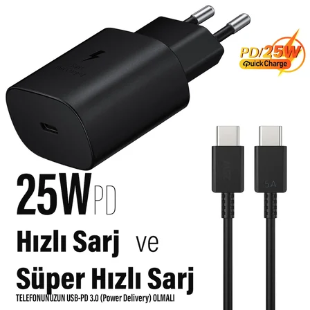 Samsung Galaxy A Serisi Uyumlu Şarj Aleti ve Kablosu 25W Süper Hızlı Şarj Type-C A16, A24, A25, A26, A33, A35