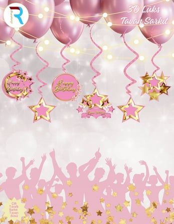 Premium Askılı Süs Yaş Günü Duvar Süsü HAPPY BİRTHDAY PEMBE GOLD TAVAN SARKIT