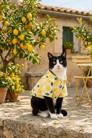 KEDİ-KÖPEK KIYAFETİ, KÜÇÜK VE ORTA IRKLAR İÇİN LİMON DESENLİ PREMİUM KUMAŞ KEDİ/KÖPEK GÖMLEĞİ