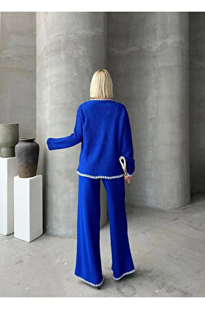 Cep Detay Oversize Hırka ve Yüksek Bel Geniş Paça Pantolon Alt Üst Triko Takım