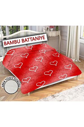 Dekoratif Kalp Desenli Bambu ve Sharpa Kumaşlı Battaniye