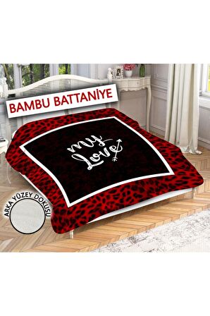 Dekoratif Leopar My Love Desenli Bambu ve Sharpa Kumaşlı Çift Kişilik Battaniye