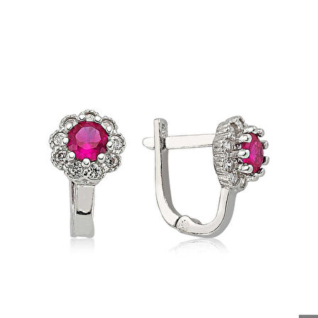 Gümüş Pembe Taşlı Çiçek Küpe