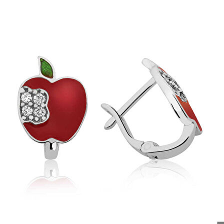 Gümüş Kırmızı Elma Çoçuk Küpesi