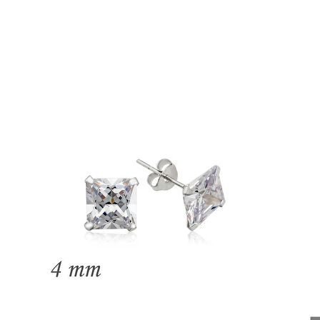 Gümüş Kare Tek Taş Zirkon Küpe - 4 mm