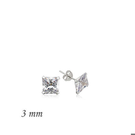 Gümüş Kare Tek Taş Zirkon Küpe - 3 mm