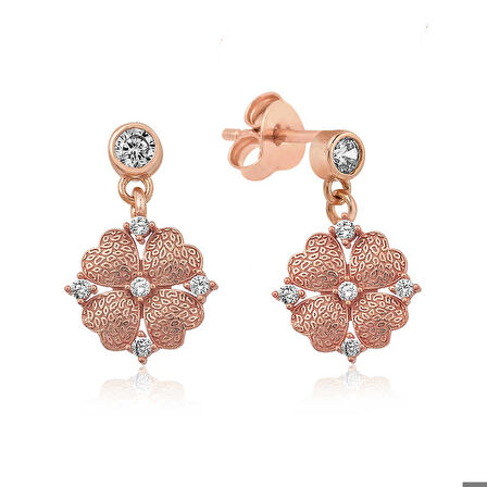 Gümüş Kalp Yapraklı Çiçek Küpe