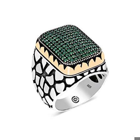 Gümüş Yeşil Zirkon Taşlı Kare Erkek Yüzük