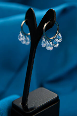 5 Taşlı Çift Halka Model Kadın Çelik Küpe