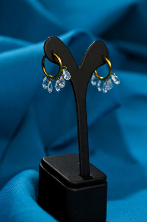 5 Taşlı Çift Halka Model Kadın Çelik Küpe