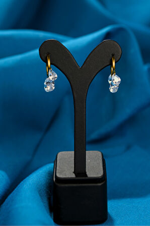 5 Taşlı Çift Halka Model Kadın Çelik Küpe