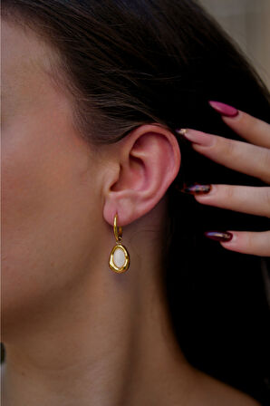 İncili Damla Model Sarı Çerçeveli Çiftli Kadın Çelik Küpe