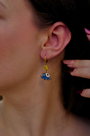 Fil ve Göz Figürlü Sallantılı Çiftli Kadın Halka Küpe