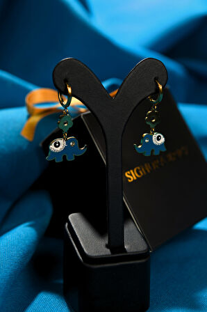 Fil ve Göz Figürlü Sallantılı Çiftli Kadın Halka Küpe