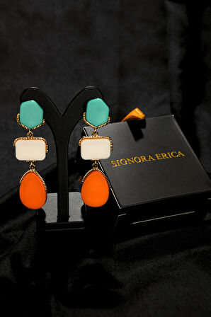 Turkuaz, Beyaz ve Turuncu Taşlı Özel Kesim Sallantılı İğneli Kadın Çelik görünümlü Xp Küpe