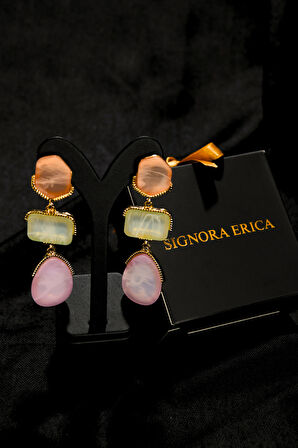 Açık Somon, Açık Yeşil ve Açık Lila Taşlı Özel Kesim Sallantılı İğneli Kadın Çelik görünümlü Xp Küpe