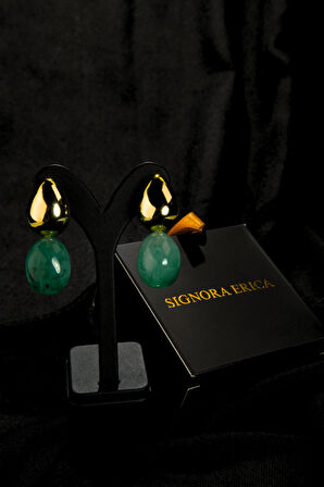 Yeşil Mermer Taşlı Damla Model Şişme Kadın Çelik görünümlü Xp Küpe