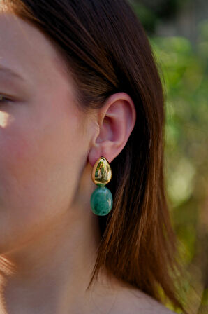 Yeşil Mermer Taşlı Damla Model Şişme Kadın Çelik görünümlü Xp Küpe