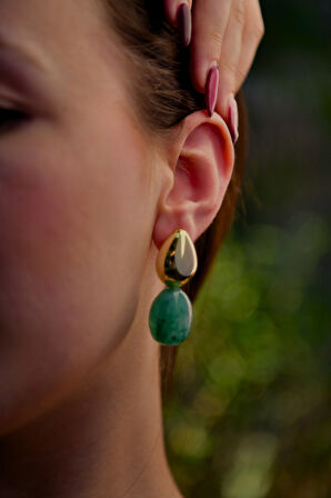 Yeşil Mermer Taşlı Damla Model Şişme Kadın Çelik görünümlü Xp Küpe