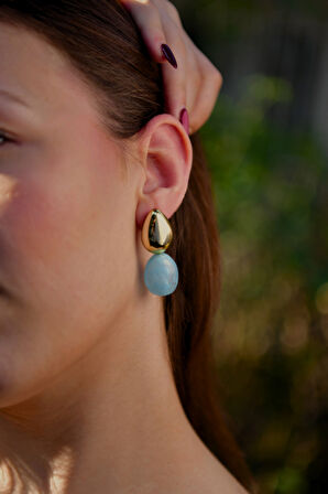 Mavi Mermer Taşlı Damla model Şişme Kadın Çelik görünümlü Xp Küpe