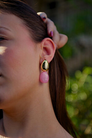 Pembe Mermer Taşlı Damla Model Şişme Kadın Çelik görünümlü Xp Küpe