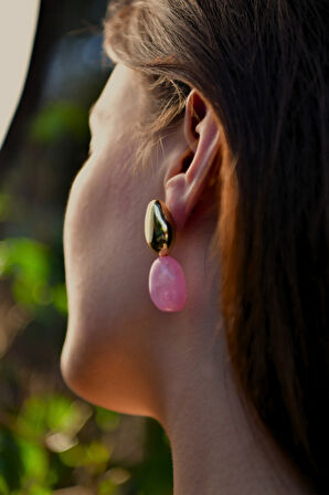 Pembe Mermer Taşlı Damla Model Şişme Kadın Çelik görünümlü Xp Küpe